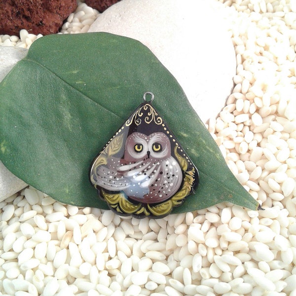 Hand painted, lacquer art, paper mache, Owl pendant, Global Curiosity, designer quality, jewelry maker, garden jewelry, Mstera, teacher gift