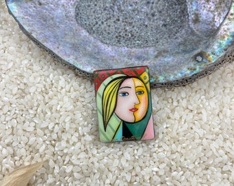 Hand painted, Picasso portrait bead, lacquer art, global curiosity, Lacquer art, miniature painting, fine art bead, Picasso Girl Mirror