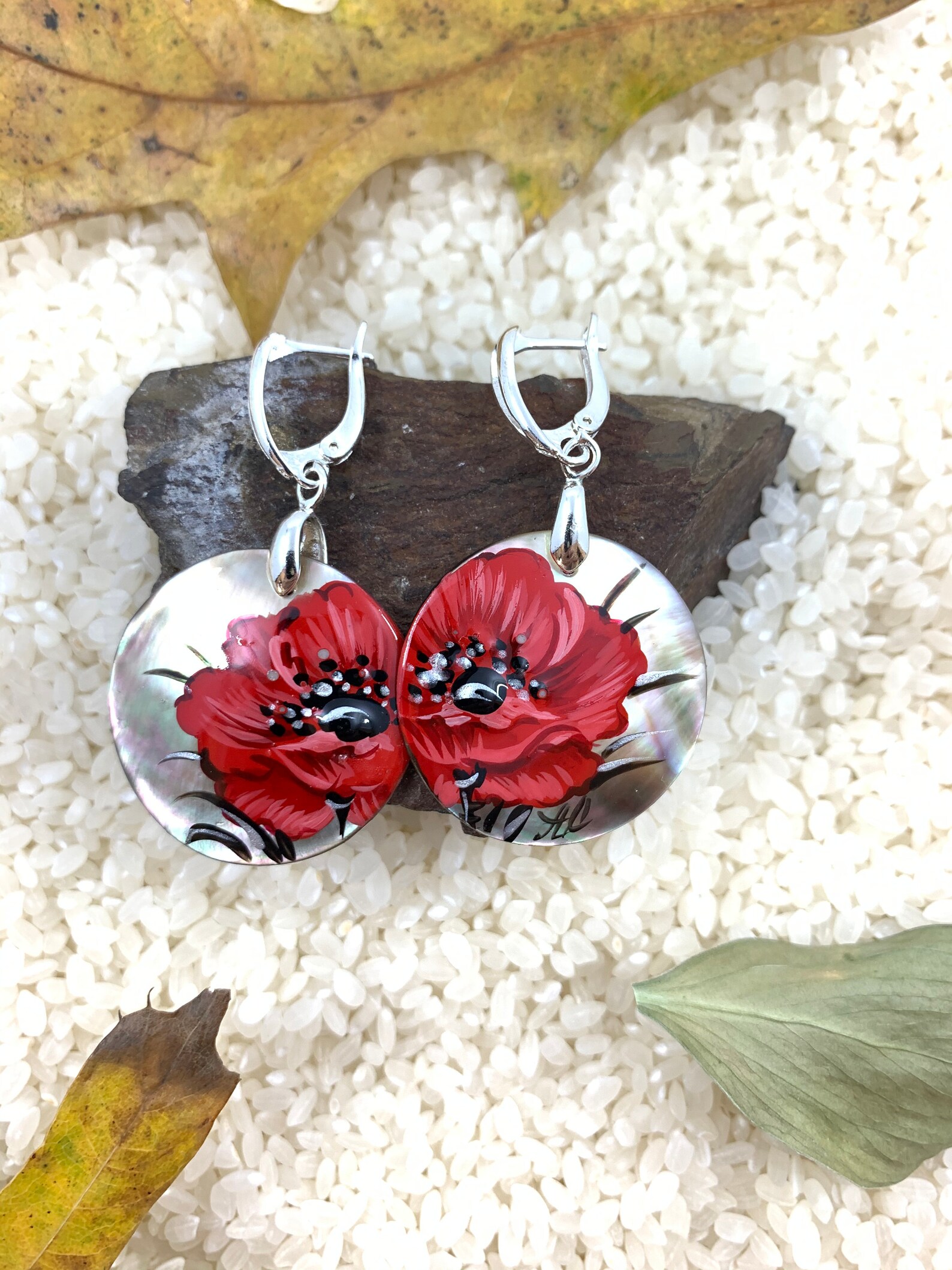 Red Poppy Flower Earrings on Shell Hand Painted Russian Etsy