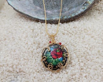 Hand Painted Flower Pendant: Lacquer Paper Mache Jewelry