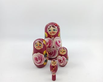 Zhostovo Floral Nesting Doll: Hand-Painted Matryoshka Doll, Girl with Ladybug, 5 Piece