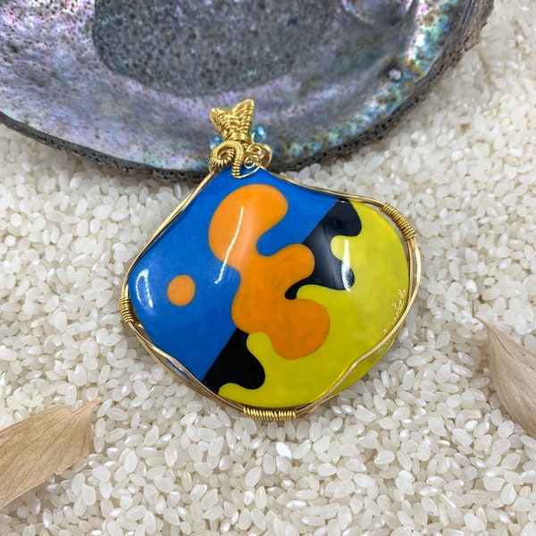 Joan Miro jewelry, Hand painted, wire wrapped pendant, mother of pearl, lacquer art, global curiosity, Miniature painting, Art inspired