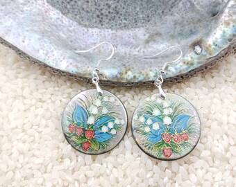 Hand-Painted lily of valley earrings: MOP Shell, Lacquer Art