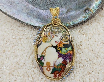 Hand Painted Mucha Onyx Pendant, Art Nouveau Jewelry