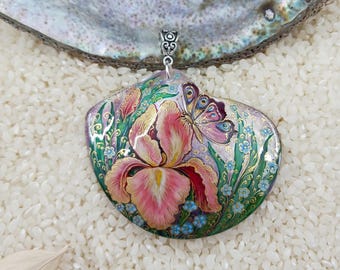 Hand painted, Iris flower with butterfly, shell pendant, Mstera, Lacquer art, miniature painting, Global Curiosity, Autumn jewelry