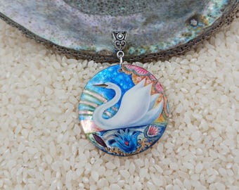 Hand Painted Swan pendant: Lacquer Art Jewelry, Joseph Stella Inspired, 40mm round