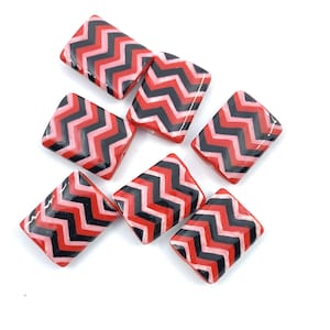 Hand painted chevron beads, Porcelain beads, focal beads, ceramic beads, Global Curiosity, Boho beads, beach jewelry, Black and red color