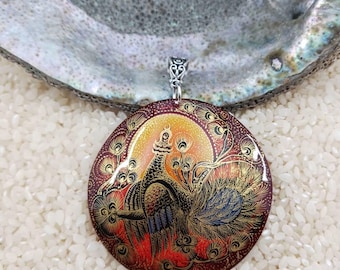 Hand Painted Firebird Phoenix Pendant, Mother of Pearl Lacquer Art Jewelry