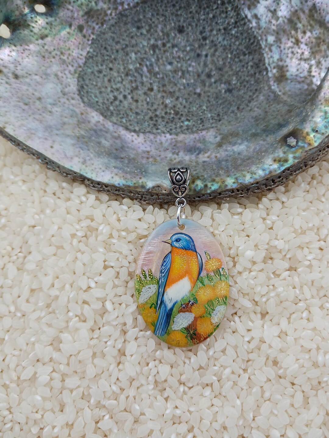 Eastern Bluebird Pendant, Hand Painted, Painted Shell, Lacquer Art ...