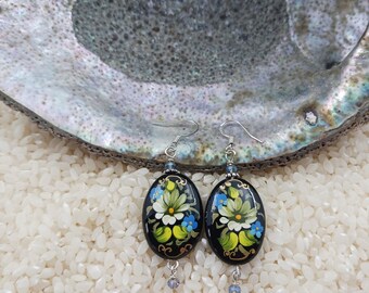 Hand Painted Daisy Earrings: Lacquer Art Onyx, Sterling Silver Hooks