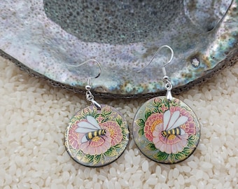 Hand-Painted bumblebee earrings: MOP Shell, Lacquer Art