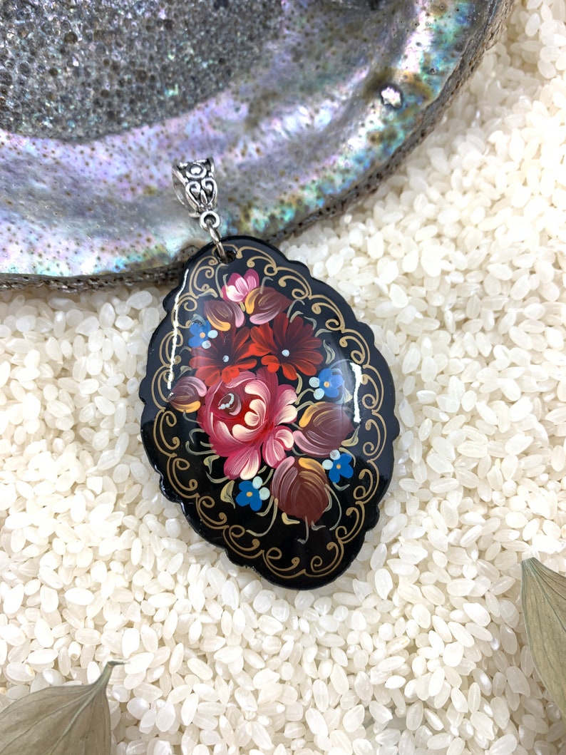 Paper Mache Flower Pendant Hand Painted Russian Lacquer Etsy