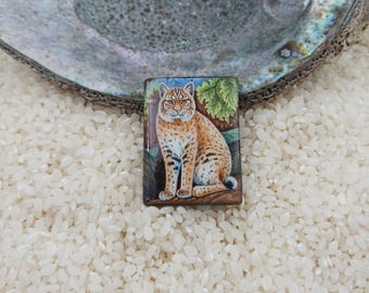 Hand Painted bobcatBead: Lacquer Art Onyx Gemstone (30x40mm)