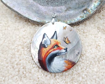 Hand Painted Fox Pendant: Lacquer Art Shell Jewelry