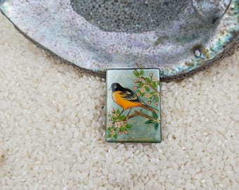 Hand painted, Baltimore Oriole bead, painted onyx, lacquer art, Wildlife bead, Woodland jewelry, global curiosity, Spring Trend
