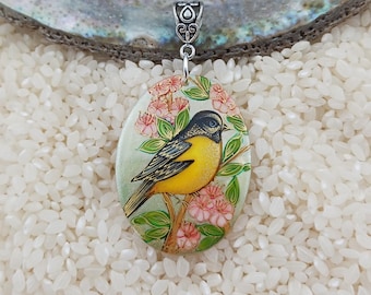 Hand painted, Baltimore Oriole pendant, painted shell, lacquer art, Wildlife jewelry, Woodland jewelry, global curiosity, Spring Trend