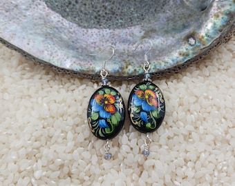 Hand Painted flower earrings: Lacquer Art Onyx, Sterling Silver Hooks