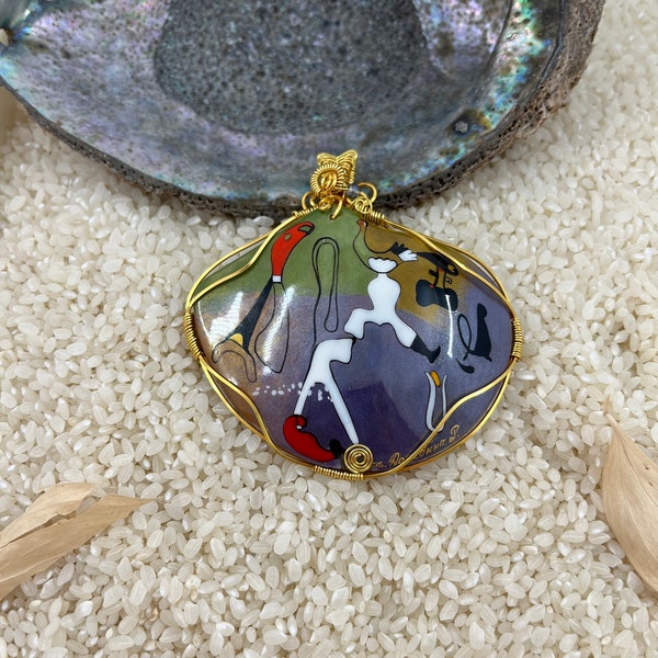 Joan Miro jewelry, Hand painted, wire wrapped pendant, mother of pearl, lacquer art, global curiosity, Miniature painting, Art inspired