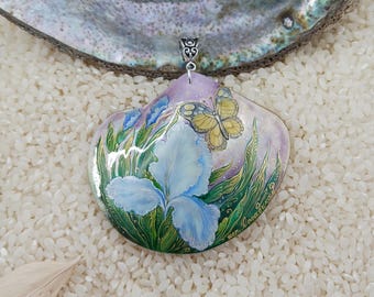 Hand painted, Iris flower with butterfly, shell pendant, Mstera, Lacquer art, miniature painting, Global Curiosity, Autumn jewelry