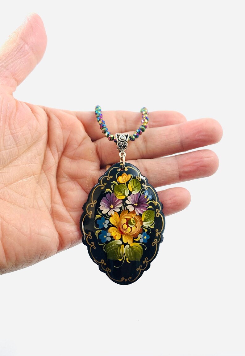 Paper Mache Flower Pendant Hand Painted Russian Lacquer Etsy