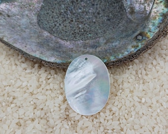 May include: A white oval-shaped abalone shell with a hole drilled in the top. The shell has a pearly iridescent sheen and is surrounded by white rice.