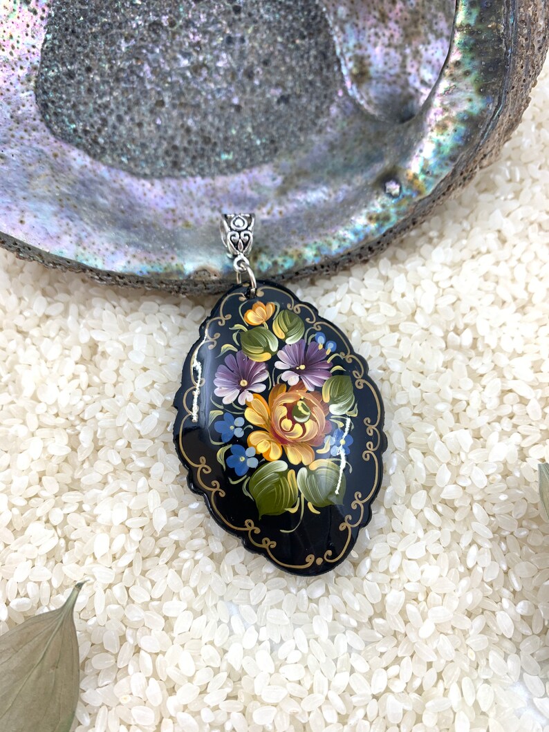 Paper Mache Flower Pendant Hand Painted Russian Lacquer Etsy