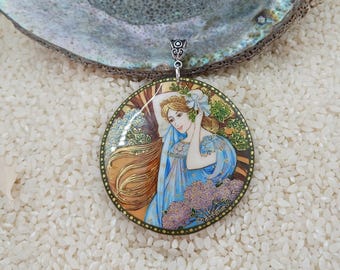 Mucha jewelry, Mucha June, Hand painted, global curiosity, miniature painting, Mucha twelve Months, painted shell