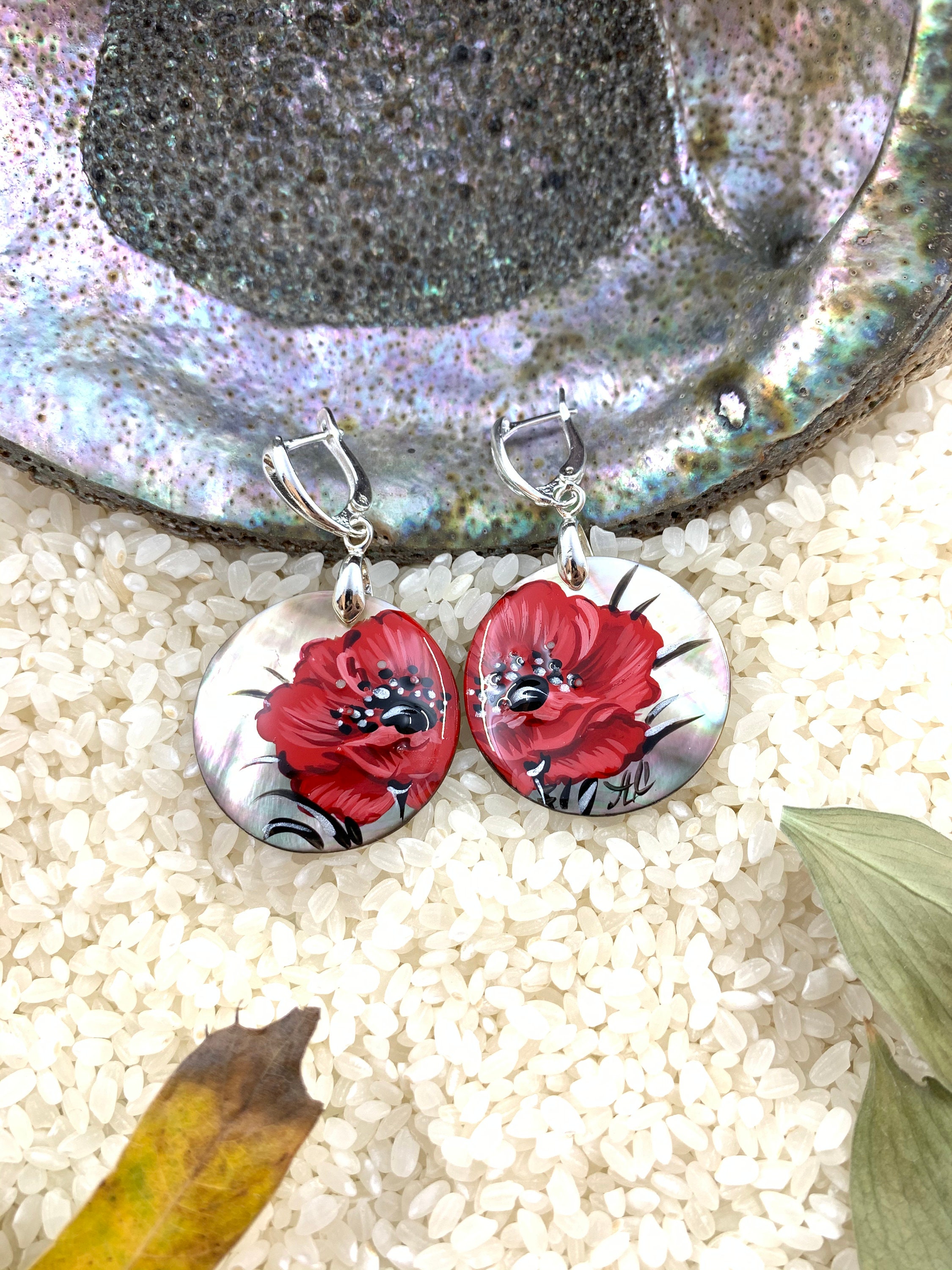 Red Poppy Flower Earrings on Shell Hand Painted Russian Etsy