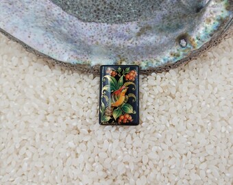 Hand Painted Palekh style Bird Bead: Lacquer Art Miniature Painting (20x30mm), painted onyx