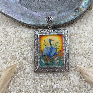 Hand painted, Crane jewelry,  painted shell, 925 Sterling silver, lacquer art, Art Nouveau, global curiosity, long life gift, Japanese gift