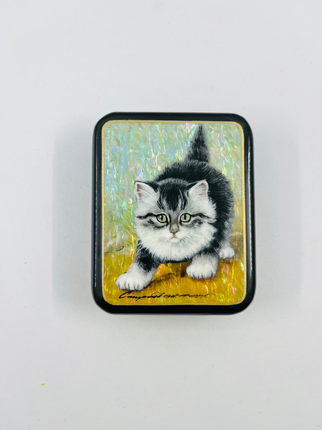 Hand Painted Cat Box: Fedoskino Lacquer Art With MOP Inlay - Etsy