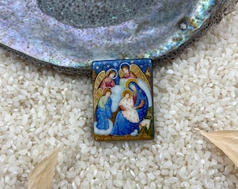 Hand Painted Nativity Black Agate Pendant: Orthodox Jewelry