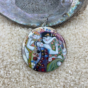 Klimt pendant, The Virgin, Hand painted, Painted MOP, Russian lacquer, global curiosity, miniature painting, fine art jewelry, The Maiden