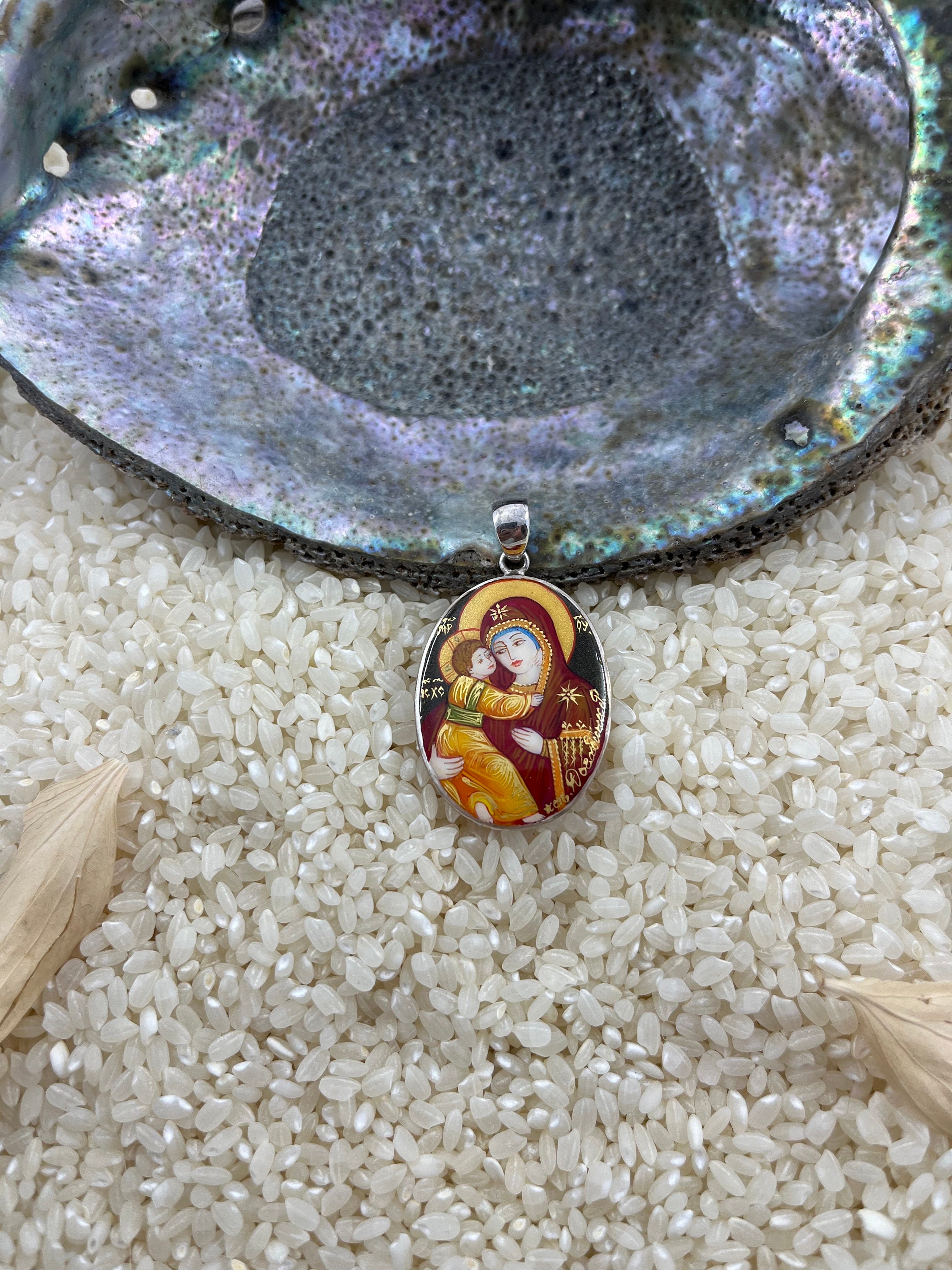 Madonna Child Orthodox Pendant: Hand Painted Sterling Silver, Fedoskino Lacquer Art