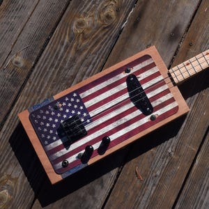 Electric cigar box guitar, 3 string cbg, American flag, one-of-a-kind handmade musical instrument