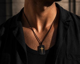 Engraved Dog Tag Necklace, Gold North Star Pendant, Personalized Name Necklace, Fathers Day Gift for Dad