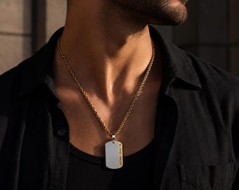 Engraved Dog Tag Necklace Men, Personalized ID Pendant, Custom Gift for Him, Groomsmen Gift