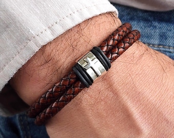 Engraved Leather Cross Bracelet, Christian Leather Bracelet, Personalized Men Gift
