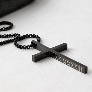 Stainless Steel Black Cross Necklace, Engraved Men Necklace, Personalized Gift for Him