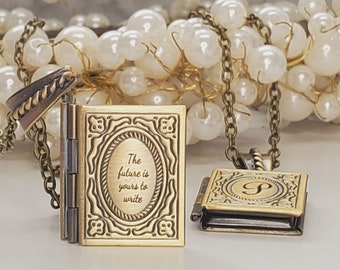 Engraved Locket Necklace, Vintage Book Photo Necklace, Personalized Gift for Her