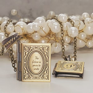 Engraved Locket Necklace, Vintage Book Photo Necklace, Personalized Gift for Her