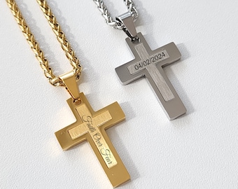 Personalized Men Cross Necklace, Silver Engraved Cross Pendant, Customized Gift for Dad