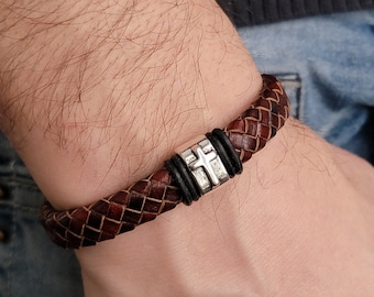 Engraved Men Leather Bracelet, Religious Cross Bracelet, Gift for Him