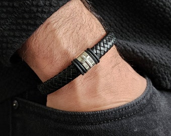 Men Cross Leather Bracelet, Engraved Leather Bracelet for Him, Christmas Gift