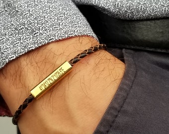 Coordinate Men Very Thin Leather Bracelet, Engraved Bracelet, Personalized Gift for Him