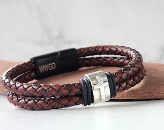 Personalized Engraved Leather Cross Bracelet for Him, Custom Men Jewelry
