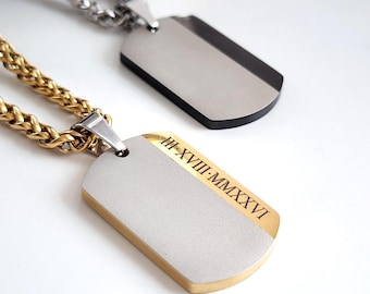 Engraved Dog Tag Necklace Men, Personalized ID Pendant Necklace, Father Day Gift