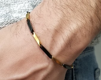 Black-Gold Titanium Men Bracelet, Link Chain Steel Bracelet, Thin Bracelet