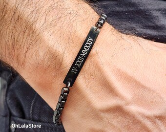 Engraved Black Stainless Steel Box Chain Bracelet
