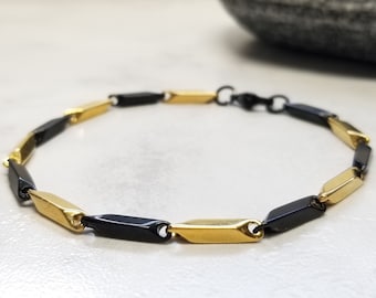 Black-Gold Titanium Men Bracelet, Link Chain Steel Bracelet, Thin Bracelet, Gift for Him